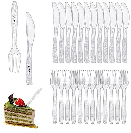 50pcs Plastic Cutlery Knives, 50pcs Transparent Cutlery Forks, Dessert Cake Knives and Forks Set, Reusable Knives and Forks, Suitable for Birthday Party, Wedding, Dinner