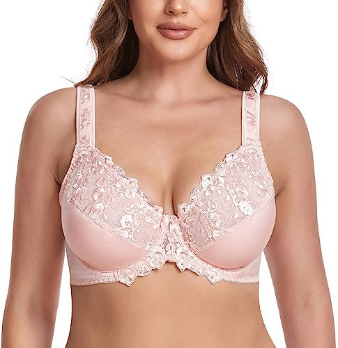 Ayigedu Women's Full Coverage Minimiser Bra Floral Lace Non Padded Plus Size Underwired Bra 40GG Pink