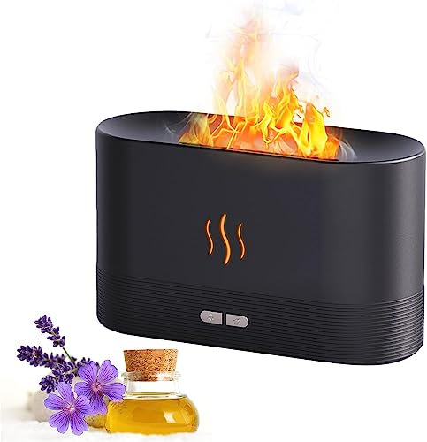 Aroma Diffuser Mit Flammen Effekt, 180ml Tragbarer Ultraschall Aromatherapie Nebel Luftbefeuchter mit 2 Helligkeit Nachtlicht, Wasserlose Abschaltautomatik (schwarz)