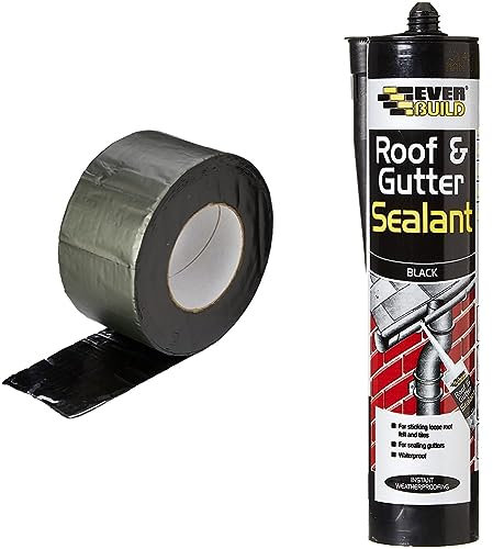 Everbuild Black Jack Flashing Trade Tape, Lead Look, 75 mm x 10 m,package may vary & Everbuild Everflex Roof and Gutter Sealant, Butyl Based Sealant and Adhesive for Roofing, Black, 295 ml