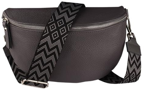MIRROSI® Bauchtasche Damen, Echtleder, Made in Italy, Umhängetasche, Brusttasche, Crossbody Bag (1 Tasche & 2 Gurte) (Dunkelgrau (Bohemian Dunkelgrau Schwarz), Große Tasche (28x18x9cm))