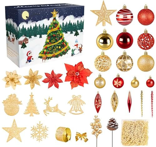 Weihnachtskugeln,Weihnachtsbaumschmuck mit 163 Set,Christmas Decorations für Weihnachtsbaum Deko&Weihnachten Deko&Christbaumschmuck&Weihnachtsdeko Innen,Rot&Gold