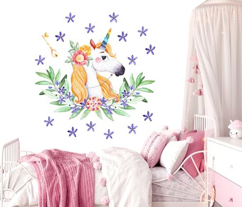 WONDER MURALS Wandtattoo Wandsticker Einhorn Blumen Kinderzimmer Baby Babyzimmer Mädchen Mädchenzimmer Wanddeko Wandaufkleber Selbst Gestalten