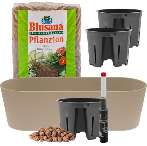 Leni Flori Jardiniere Blumentopf länglich 36 cm beige - braun Hydrokultur-Komplett-Set mit Übertopf Hydro-Töpfen Wasserstandsanzeiger & Pflanzton