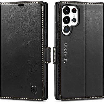 SHIELDON Hülle für Galaxy S24 Ultra 5G, Schutzhülle [Echtleder] [Kartenfach] [RFID Blocker] [Ständer] Stoßfest TPU Innenhülle Handyhülle Case Kompatibel mit Galaxy S24 Ultra 2024 6,8 - Retro Schwarz