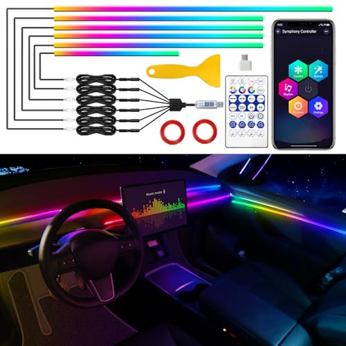 Tesla Model 3/Y/S/X Dreamcolor Acrylic Interior Car LED Strip Light with USB/Type C, RGB 6 in 1 with 187 inches 650 LEDs Strip for Tesla, Dynamic Chasing Music Sync Neon Tesla Ambient Lighting Kits