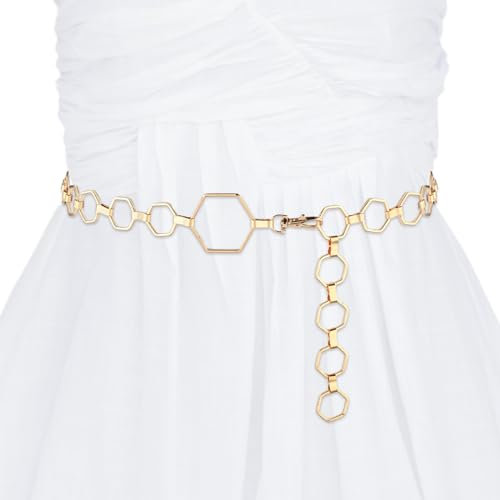 Jeffdad Gürtel Damen Kettengürtel, kleines Sechseck Kettengürtel Einstellbar Taillenkette Legierung Taille Gürtel Metallgürtel Rockgürtel für Damen Breiter Gürtel Damen für Kleid(Gold)