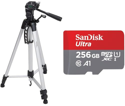 Amazon Basics 152 cm (60-Inch) Lightweight Camera, DSLR and Binocular Tripod with Bag, Black & SanDisk 256GB Ultra microSDXC card + SD adapter up to 150 MB/s with A1 App Performance UHS-I
