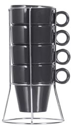 mille idee Set 4 Tazze Mug Da Colazione Impilabili Con Stand Grigio Antracite 22 cl