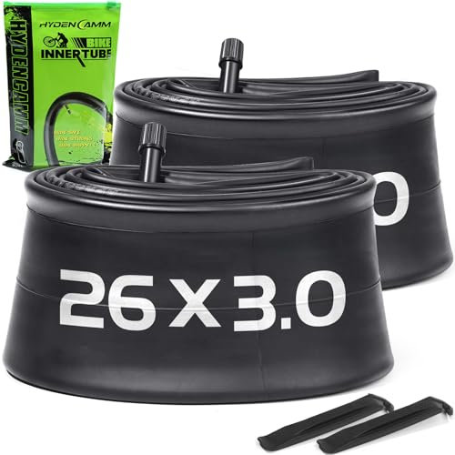 Fahrradschlauch mit 32 mm AV-Ventil, 26 x 3,0 mm, Premium-Butylkautschuk, 26 x 3,5 mm dicke Reifen, Fahrradschläuche mit 2 Reifenhebern, 26 x 3,0 Fahrradschlauch für Rennrad, MTB/E-Bike Hydencamm