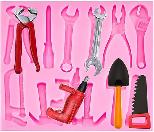 Xrten Mini Hand Tools Molds,Chocolate Silicone Molds,Hammer Spanner Tools Mold Fondant Mould for Car Cake Decoration,Cake Mold for Birthday Party(Pink)
