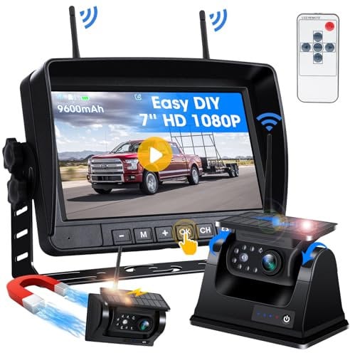Retrocamera Auto Wireless Solare Magnetica, 9600mAh Batteria Ricaricabile Telecamera Retromarcia Wireless con 1080P Visione Notturna 7'' Monitor Retrocamera Camper Wireless per Auto Camion Roulott
