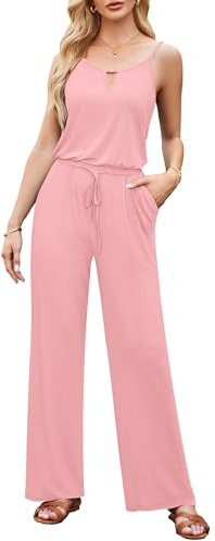 OUGES Women's Summer Jumpsuits UK Sleeveless Overall Pink Casual Playsuit with Pockets, L