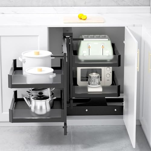 LAMEDOAT Küchenschrank, Eckschrank, Auszug mit 4 Körben, Regal, Ausziehbarer Schrank-Organizer, Komplett ausziehbarer Aufbewahrungsschrank für Töpfe und Geschirr, Robuster Eckschrank-Organizer für Zu
