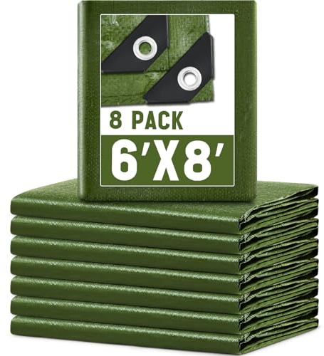 8 Pack 6 x 8 ft Army Green Tarps, 5.5 Mil Heavy Duty Waterproof Tarp