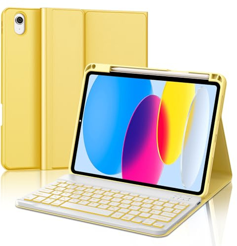 IVEOPPE Hülle mit Tastatur für iPad A16 11 Generation 2025/10 Generation 2022, Bluetooth Magnetische Tastatur für iPad 11./10. Gen (11/10.9 Zoll), 7-Farbige Beleuchtung, QWERTZ Layout Keyboard, Gelb