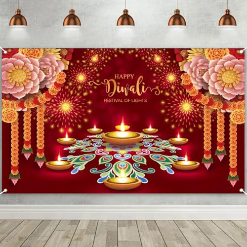 Happy Diwali Hintergrunddekorationen, 178 x 109 cm, Diwali-Banner, indisches Festival der Lichter, Ringelblumen-Dekoration, perfekt für Innen- und Außenfeiern