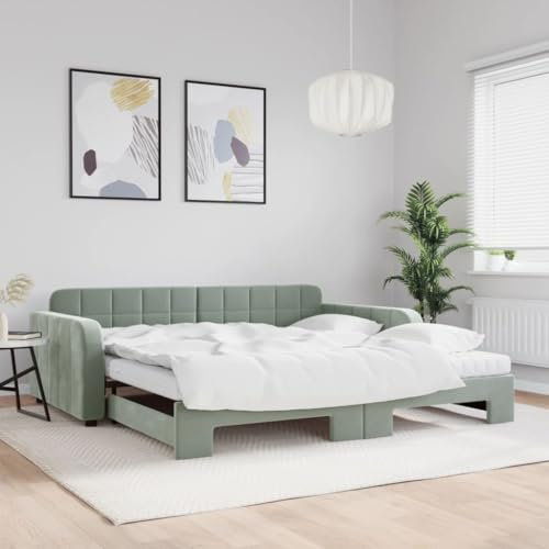 LAPOOH Tagesbett Ausziehbar mit Matratzen Hellgrau 100x200 cm Samt, Schlafsofa, Daybed, Bettsofa, Sofa Bed, Sofabett, Schlafcouch, Jugendbett, Bettgestell, Bettcouch - 3196960