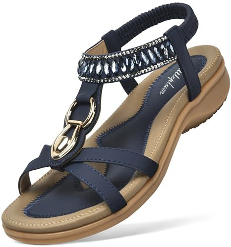 Littleplum Sandalen Damen Freizeit Flach Sandalette Handarbeit mit Strass Perlen Bohemia Strand Schuhe,B Blau 41 EU