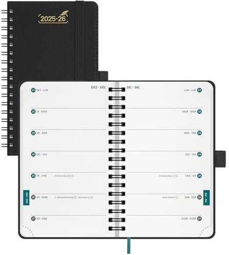 BEZEND 18-Monate Taschenkalender 2025 2026 klein (Juli 25-Dez 26), Kalender 25/26 Wochenplaner A6 1 Woche 2 Seiten mit 2 Spalten, Terminplaner Ringbuch 25/26 mit PU-Leder Softcover, Schwarz