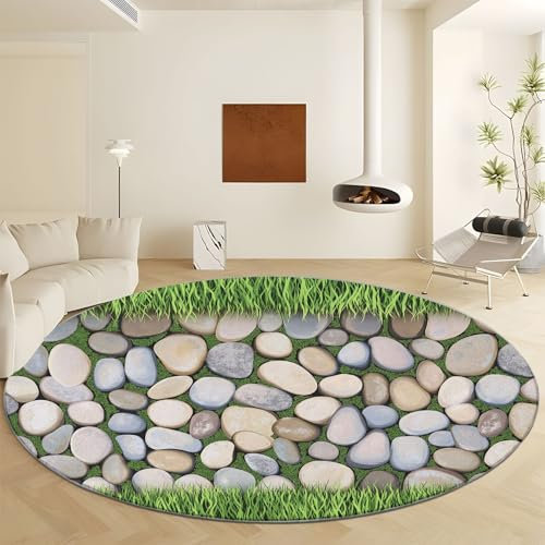 Waschbare Runde Teppiche 100 cm, Naturfotografie Gras Kieselsteine Rutschfester Runder Teppich für das Wohnzimmer, Grün Weicher Niedrigfloriger Teppich für unter den Esstisch