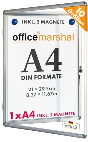 OfficeMarshal Schaukasten 1xA4 inkl. 2 Magnete Infokasten Aushang Aushangkasten Magnetische & beschreibbare Rückwand Plakatschaukasten mit Alurahmen