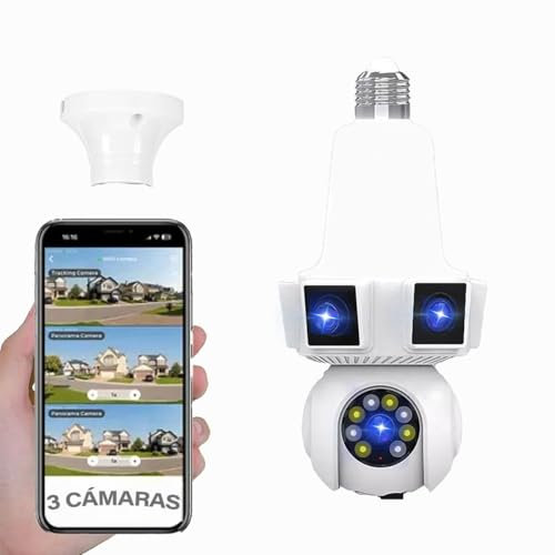Camara Vigilancia WIFI Interior - 3 Lente Camaras Vigilancia Domicilio, Comunicación Bidireccional, Visión Nocturna en Color, Detección de Movimiento 360°, Alarma Sonora, Camara Bombilla, Foco Camara
