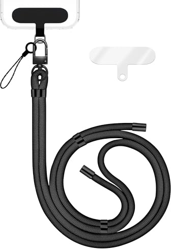 NALIA Universal Handykette für alle Smartphones, Schwarz, Schwarz Metall | Voluminöses Band liegt weich auf der Haut, Ohne Kleben montiert, Trägt auch Kompaktkamera und Wallet, HOLDME