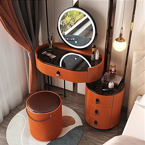 DRFGNF Tocador Moderno con Espejo con luz LED, Mesa de Cristal, cajones, Armario Auxiliar y Silla, 3 Colores de iluminación, Mesa de Maquillaje con Luces, Color Naranja (70 cm/2