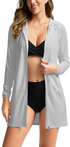 RLEHJN Veste Longue De Protection Solaire UPF 50+ Pour Femme Chemise À Manches Longues Légère UV Femme UPF 50+ Rasguard Veste Couleur Unie Décontracté Jacket De Sport Ample Respirante Avec Zipper