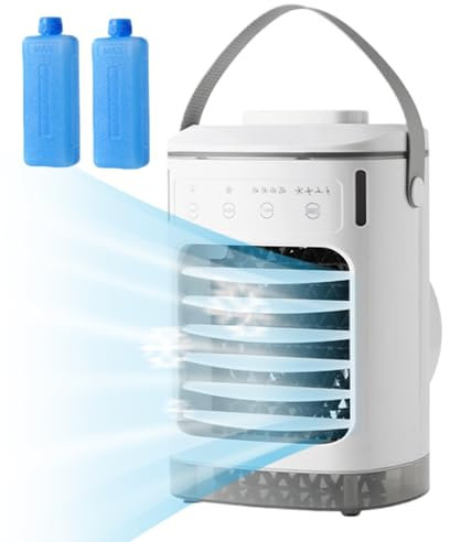 Climatiseur Mobile Petit, 900ML Refroidisseur d'air avec 2 Pack de Glace, Portable Ventilateur de Climatiseur Silencieux, 4 Vitesses, Minuteur 2-8H, Veilleuse, pour la Maison et le Bureau