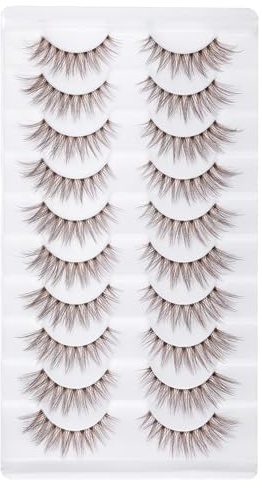 Lot de 10 paires de cils marron, aspect naturel, légers et moelleux, avec ruban transparent, faits à la main, pour effet de boucles D