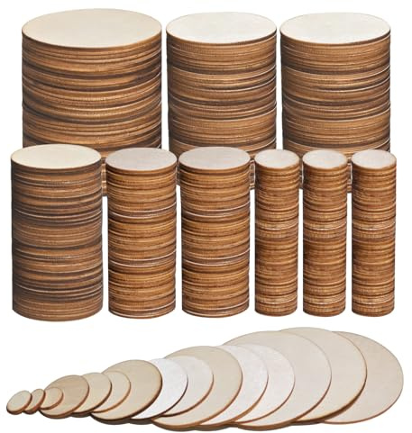 DLUSZERT 400 Stück Runde Holzscheiben zum Basteln, 5cm 4cm 3cm 2cm 1cm Unbehandelte Naturholzscheiben, Holz Log Scheiben Rund, Blanko Holzkreise Ornamente für DIY Handwerk Hochzeit Scrapbooking