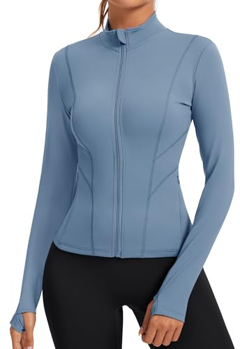 Rapbin Gym Tops for Women Long Sleeve Running T-Shirt Half Zip Sports Fitness Jacket Workout with Thumb Holes(Deep Grey Blue,M)