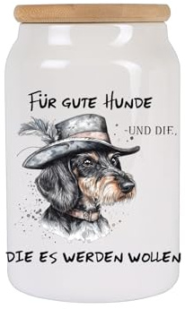 Kilala Leckerlidose mit Dackel-Motiv & lustigem Spruch – Keramikdose 650 ml mit luftdichtem Holzdeckel – Vorratsdose für Tierfutter, Hunde, Katzen & Haustiere (Dackel Für gute)