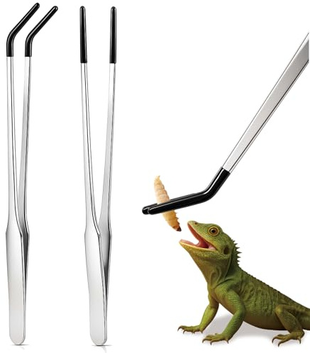 2 Pack Extra Long Stainless Steel Reptile Feeding Tongs with Rubber Tip - 10.6 Straight And Curved Long Tweezers for Aquariums, Feeder for Beard Dragons, Lizard and Snakes (Silver)