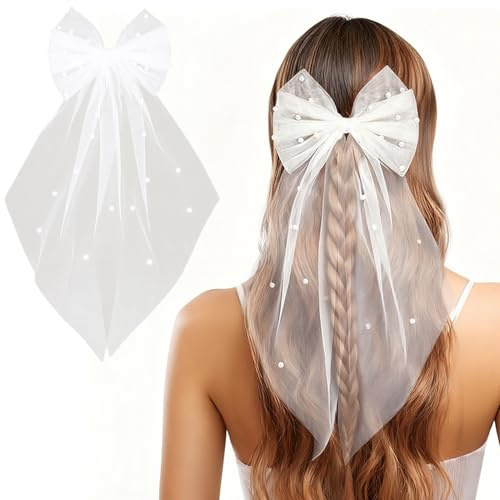 YAWYO Brautschleier mit Perlen, weiße Schleifen-Haarspange, Hochzeitsschleier Haarclips für Party & Bridal Shower Accessoires