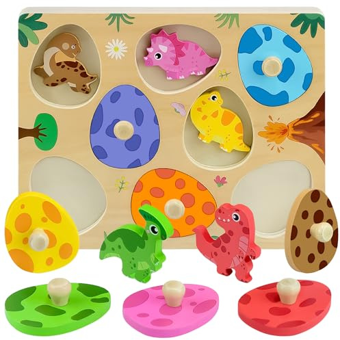 VingaHouse Montessori Spielzeug, 3D Kinder Holzpuzzle Dino Eier Spielzeug | Holzspielzeug ab 1 Jahr Greifpuzzle Motorikspielzeug Sortierspiel Geburztag Ostern Geschenk für Mädchen Jungen [Dinosaurier]
