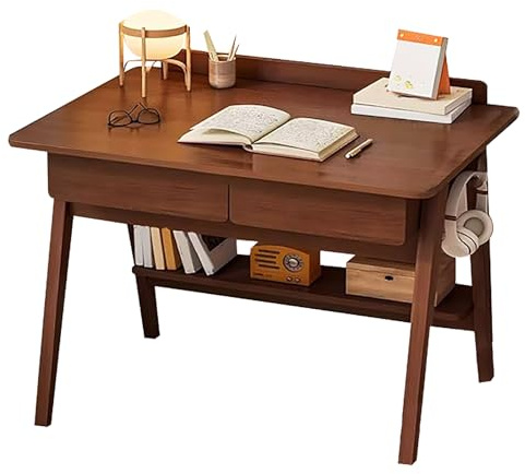 Bureau d'écriture en bois massif avec tiroirs, bureau moderne du milieu du siècle, bureau d'ordinateur avec 2 tiroirs et étagère de rangement, bureau à domicile avec crochets pour petits espaces