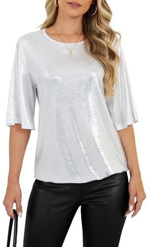 YUTILA Damen Glitzer Bluse – Pailletten Oberteil mit Rundhals, Lockeres Party Top für Abend, Festlich & Freizeit