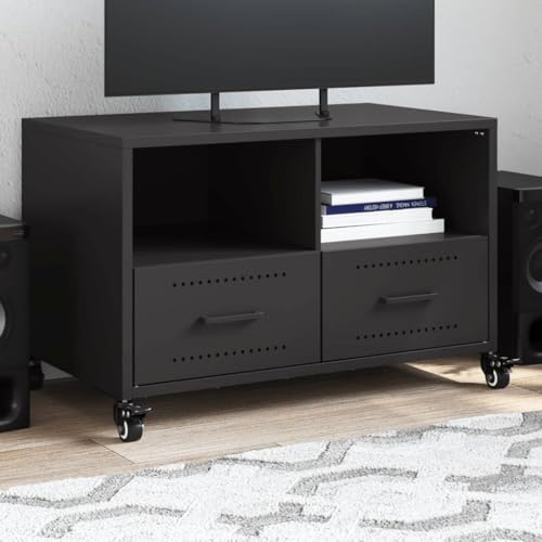 HETFTJN TV-Schrank Schwarz 68x39x43,5 cm aus kaltgewalztem Stahl, Modernes Lowboard mit 2 Schubladen und 4 Rollen, Robustes Fernsehtisch für Wohnzimmer