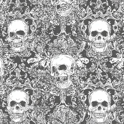 Self Adhesive Peel and Stick Wallpaper 58x300cm Vintage Gothic Skull Ornamental Baroque Floral Black White Wall Paper Roll Waterproof Removable Contact Paper Vinyl Wrap for Furniture Living Room