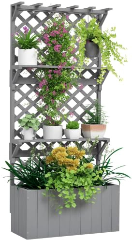 Outsunny 52L Wooden Planter with Trellis, Hanging Roof, Grey | Freestanding Raised Bed for Garden, Shelves, Drainage Holes, Bed Liner, Outdoor Planter Box, for Climbing Plants