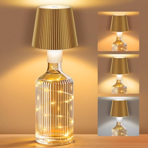 ICARE LED Flaschenlampe mit Lichterkette, Kabellose Flaschenlicht USB-C Aufladbar, Touch Dimmbar mit 3 Farbtemperaturen, IP54, für Balkon, Terrasse, Restaurant, Schlafzimmer, Bar und Camping, Golden