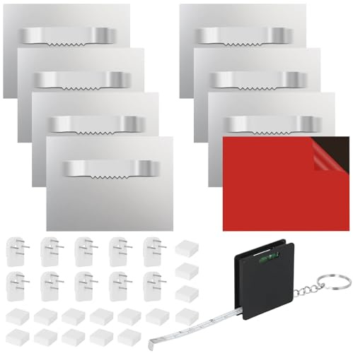 Self Adhesive Picture Hooks, 8 Pcs, 6cm x 8cm for Mounting Photo Shelf | Strong Hooks without Drilling, 10 Traceless Nails Included, 8 Cushion Pads Included