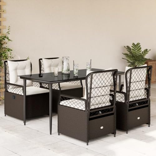 Hoopleep Salon de jardin 5 pièces marron en polyrotin avec coussins blanc crème, grande table à manger en verre trempé pour extérieur, terrasse et jardin