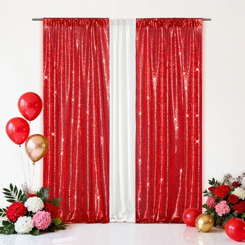 Eternal Beauty Sequin Backdrop Curtains, 2x8 Ft-2 Panels Red Back Drop for Mother's Day Shimmer Photography Party Wedding Birthday Decor