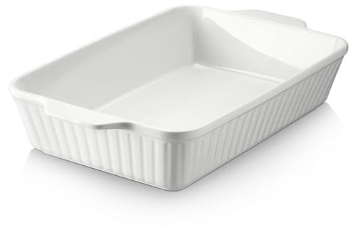 DOWAN Cazuela, 9x13 Plato de Cerámica para Hornear, Molde Grande para Lasaña, 4.2 Cuartos con Asas, Apto para Horno y Duradero para Lasaña, Regalo de Boda, Blanco