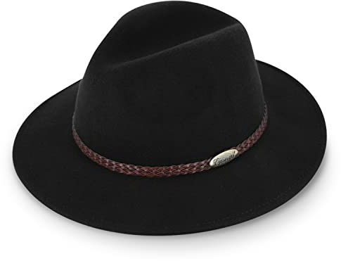 fiebig Casual Traveller Wollfilzhut | Crushable & Waterproof Rollhut mit geflochtener Lederbandgarnitur (59-L, Schwarz)