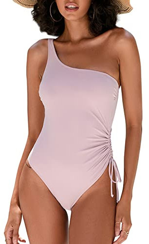 loginsummer Costumi Interi da Donna Costumi da Bagno Monospalla Costumi da Bagno Monokini con Coulisse con Ruche per Il Controllo della Pancia (Rosa Chiaro, EU42)